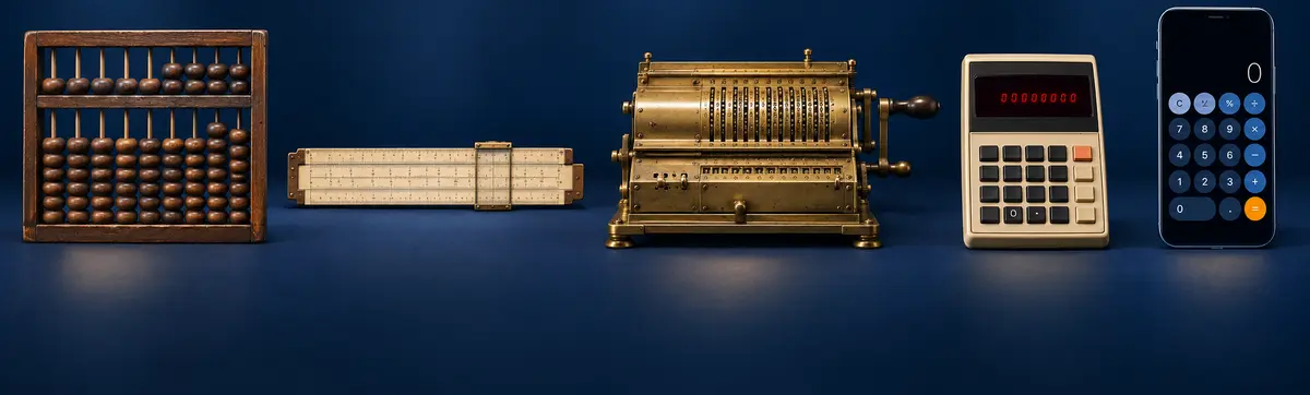 The evolution of calculating tools: abacus, slide rule, mechanical calculator, electronic calculator and smartphone