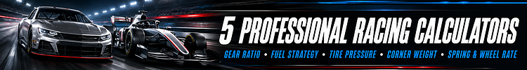5 Professional Racing Calculators — Gear Ratio, Fuel Strategy, Tire Pressure, Corner Weight, Spring & Wheel Rate